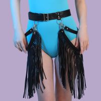 【CW】 Goth Leather Skirts Punk Tassle Waist Hollow Out Boho Dancing Fringe Skirt