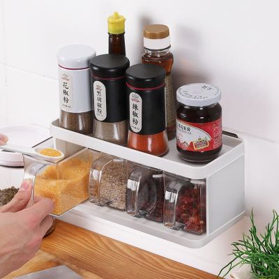 [COD] kitchen drawer seasoning box four-grid wall-mounted storage with spoon