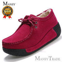 Mansy หนังคุณภาพสูง LACE-UPS รองเท้าเพิ่มขึ้น PLUS แคชเมียร์รองเท้าแบนรองเท้าผู้หญิงรองเท้าลำลองรองเท้าแพลตฟอร์มรองเท้า (Rose สีแดง)