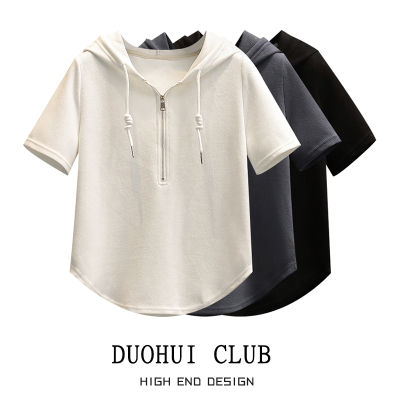 DUIHUI ไซส์ใหญ่ (M,L,XL,2XL,3XL,4XL) เสื้อเชิ้ตแขนสั้น เสื้อฮู้ด หลวม สีดำ สีขาว สีเทา ใส่สบายๆ แฟชั่น เสิ้อยืดผญ