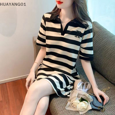 HUAYANG01 [2023 new HOT FASHION] lazlook Striped Turn-Down COLLAR Mini Dress 2023ผู้หญิงแขนสั้น stripe pullover ผู้หญิงเสื้อผ้า V-Neck Summer Casual SHORT dresses