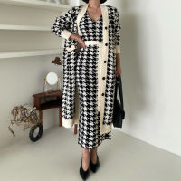 Houndstooth 2 piece Sweater Set Long Sleeve Singe-breasted Knitted Long Cardigans Coat Women V-neck Sashes Vest Knit Dress Suits