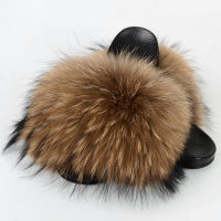 2021 Summer Real Fur Slippers Raccoon Furry Fox Fur Slides for Women Indoor Ladies Cute Plush Sandals Flat Fluffy Outdoor