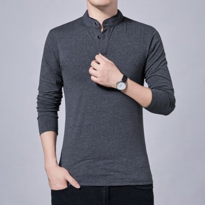 HOT11★BROWON Long Sleeve Tshirt Men 2023 Spring Autumn Korean Cal Slim T Shirt Men Stand Collar Plus Size T-shirt for Men Clothes