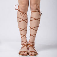 2021New 2019 Shoes Women Sandals Casual Flat Lace Up Sexy Knee High Boots Gladiator Tie String Designer Good Quality Summer Style