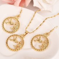 18 K Yellow Solid Fine GF Gold Cut out Tree nch Bird Necklace Chain earrings Pendant Bohemian Choker Charms Jewellery Gift