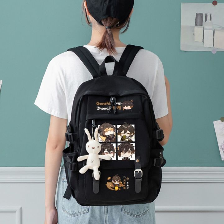 กระเป๋านักเรียนเกม-genshin-zhongli-alhaitham-กระเป๋าหนังสือ-mochila-สีดำ