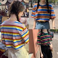 Rainbow Striped T-Shirts Womens Casual Korean Fashion Short Sleeve Loose Tees