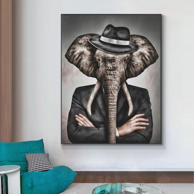 ช้างดำกับชุดหมวกผ้าใบจิตรกรรมตลกสัตว์ศิลปะภาพพิมพ์โปสเตอร์สำหรับห้องนั่งเล่นตกแต่งบ้าน C Uadros