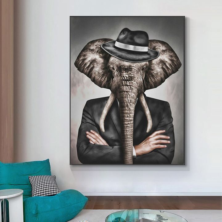 ช้างดำกับชุดหมวกผ้าใบจิตรกรรมตลกสัตว์ศิลปะภาพพิมพ์โปสเตอร์สำหรับห้องนั่งเล่นตกแต่งบ้าน-c-uadros