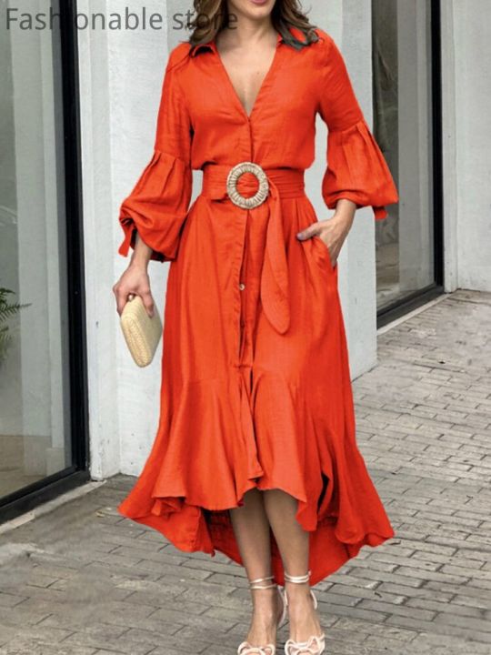 women-elegant-solid-color-lantern-sleeve-ruffle-hem-pocket-design-belt-maxi-dress-without-lining