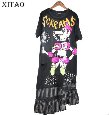 XITAO Dress Sequin Straight Print Cartoon Pattern Pullover Pleated Fashion Patchwork Summer  Women