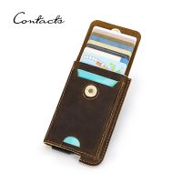 CONTACTS Men Card Wallets Crazy Horse Leather Hasp RFID Blocking Card Case Casual Design Male Mini Card Holders Aluminum Box Card Holders