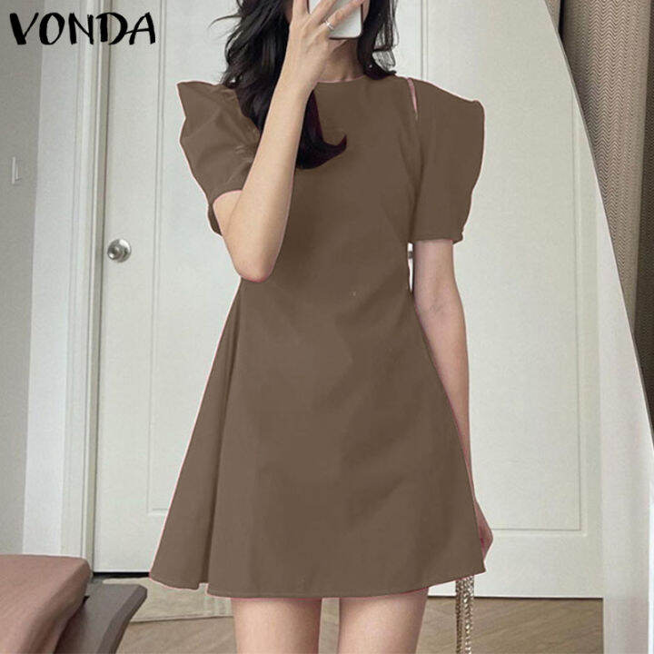 Vonda Women Summer Short Sleeve Holiday Tunic Dress Pleated Party Mini