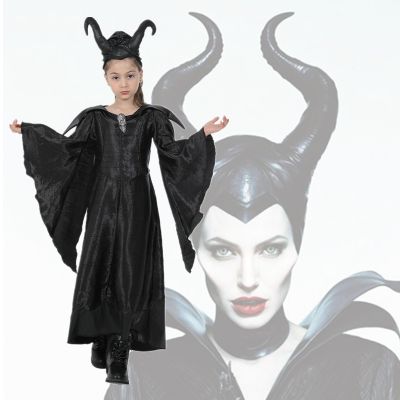 ❦℡ Halloween Girl Child Movie Maleficent Luxury Black Long Dress Evil Witch Cosplay Robe Costume with Horns Horn Headdress