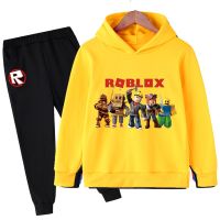 เสื้อกันหนาว เสื้อฮู้ดดี้ พิมพ์ลายเกม Roblox สไตล์ฮาราจูกุ + กางเกง สําหรับเด็กผู้ชาย 2 ชิ้น