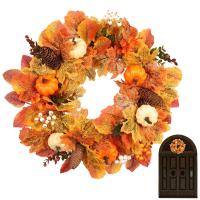 Artificial Pumpkin Wreath Artificial Fall Door Wreath 45Cm/17.72Inch Autumn Maples Leaf Pumpkin Pine Cone Berry Farmhouse