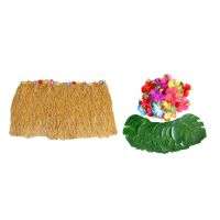 Table Skirt Hawaiian Luau Flower Grass Garden Wedding Party Beach Decor Khaki with 60 Pcs Tropical Party Decoration Tropical Palm Monstera Leaves and Hibiscus Flowers