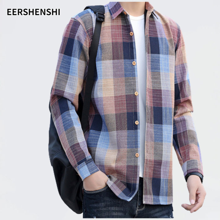 eershenshi-เสื้อแขนยาวชาย-เสื้อลายสก๊อต-เสื้อเชิ้ดชาย-ซักน้ำแล้วสีไม่ตก-เสื้อชาย-เสื้อเชิ๊ตชาย