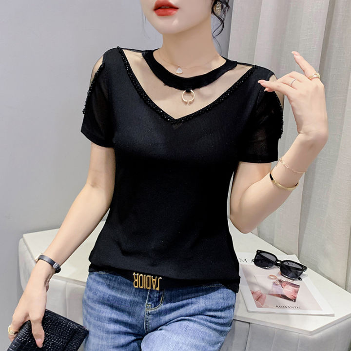 yimei-korean-fashion-beaded-t-shirt-for-women-2023-summer-new-sexy-mesh-top-for-women-thin-foreign-slim-fitting-womens-t-shirt