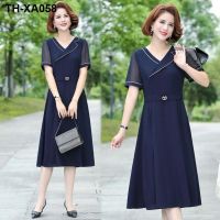 Middle-aged mothers summer dress mid-length dress middle-aged and elderly summer short-sleeved femininity broad wife chiffon skirt