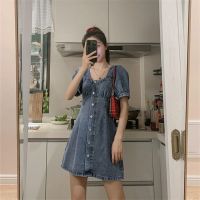 COD IOED95 ❤️dress women Guo Jiujiu denim dress female summer waist temperament goddess fan high waist a-line skirt puff sleeve skirtdress plus size dresses dress labuh