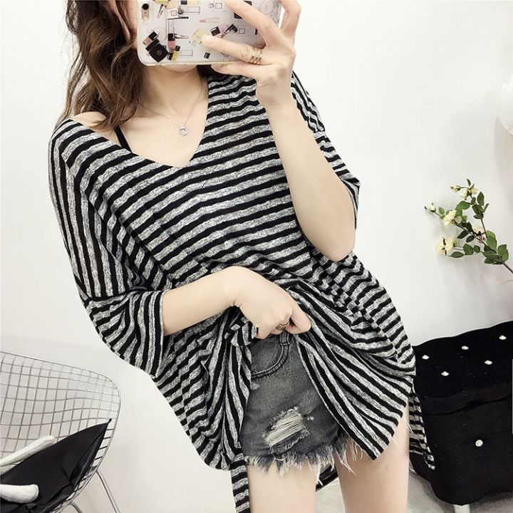 cod-dsfdgdffghh-womens-casual-striped-plus-size-blouses-classic-oversized-stripes-loose-fit-tee-v-neck-short-sleeves-side-split-big-loose-tops-large-size-t-shirt-maternity-pregnancy-t-shirt-fashion-bi