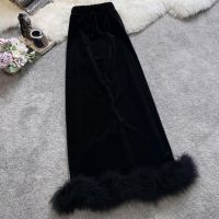 【CW】 A line Skirt Waist Hip Fur Stitching Fashion