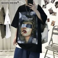 MAYCHEER เสื้อยืดแขนสั้นผู้ชาย,เสื้อคอกลมแขนสั้นอเมริกันไฮสตรีทแฟชั่นพิมพ์ลายสำหรับทั้งหญิงและชายเทรนด์เรียบง่าย