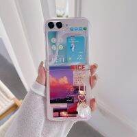 ?เคสฝาพับสำหรับ Samsung Z 5 4 3 Zflip5,เคสฝาหลังพลาสติกแข็งพร้อมจี้รูปชายหาดพับโปร่งใสป้องกันการกระแทก