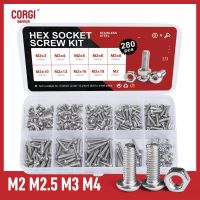 M2 M2.5 M3 M4 304 Stainless Steel Hex Button Socket Head Cap Allen Screw Set Hexagon 105-280 PcsMachine Nut Bolt Assortment Kit Nails Screws Fasteners