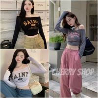 ✾℡☍ cherryshop พร้อมส่ง?เสื้อท่อนบน?เสื้อแขนยาวพิมพ์ลายตัวอักษร เสื้อยืดปิดไหล่ด้านบน