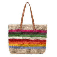 Women Rainbow color Handbag Beach Bag Rattan Woven Handmade Knitted Straw Large Capacity Tote Leather Women Shoulder Bag Bohemia