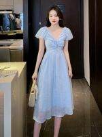 Sexy V-Neck Puff Sleeve Dress Women 2023 Summer New Drape High Waist Swing Skirt Loose Tea Break Skirt