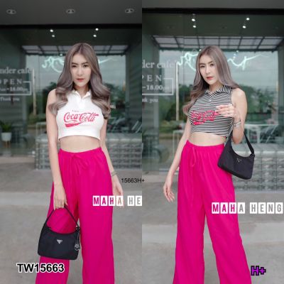 TW15663 set 2 ชิ้น เสื้อครอปแขนกุดคอปกติดกระดุม อกสกรีนลาย + กางเกงขายาว