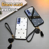 เคสสำหรับ VIVO Y72 5G 2021ฝาครอบกระจก + หัวใจรักสายรัดข้อมือ Hard เคสโทรศัพท์เนื้อ TPU ซิลิโคนกระจกเทมเปอร์ปลอกผู้หญิง