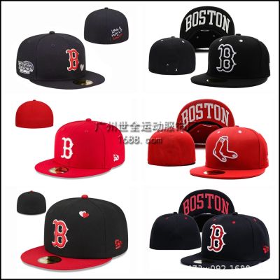 ♈✓๑ Closed cap hip-hop baseball cap Red Sox mens and womens embroidery flat brim cap non-adjustable hip-hop size hat wholesale