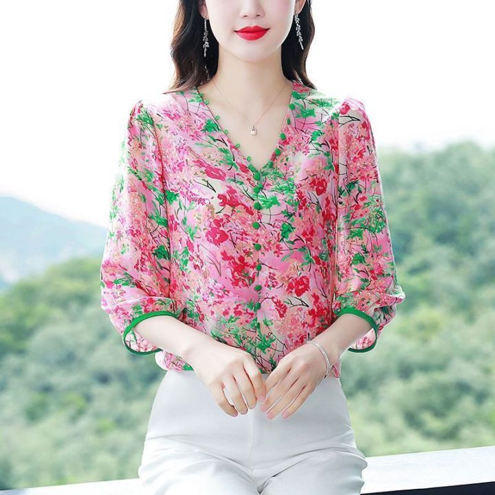 เจ็ดแขนหักดอกไม้ชีฟองเสื้อผู้หญิงฤดูร้อน-2023-ใหม่หลวมคอ-v-ออกแบบความรู้สึกพิมพ์ดอกไม้