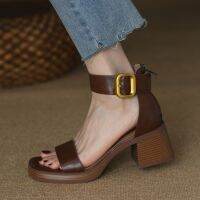 2023 Summer Shoes Fashion Leiture Design Women Comfortable Sandals Round High heels Brown Leather Retro Ladies Size