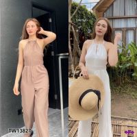 [ส่งไว!] M13827  Jumpsuit จั้มสูทสายคล้องคอ ผ้าซาร่า มียางสม็อคหลัง ขากระบอกทรงสวย พร้อมส่ง