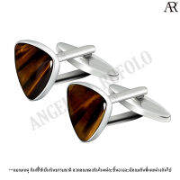 ANGELINO RUFOLO Cufflink(คัฟลิงค์) ดีไซน์ Tigerseye Triangle กระดุมข้อมือคัฟลิ้งโรเดียมคุณภาพเยี่ยม ตัวเรือนสีเงิน ประดับตกแต่งด้วย Tigerseye