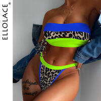 Ellolace Leopard Bright Swimwear Patchwork Neon Green Swimsuit 2021 Ruffled Lace Up Brazilian Bikinis Stylish Bathing Suits