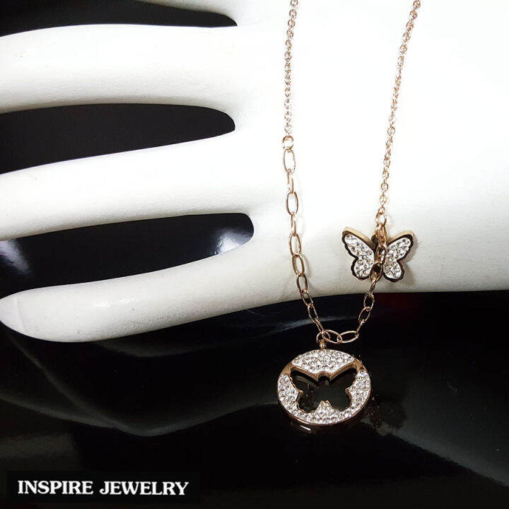 inspire-jewelry-ชุดเซ็ท-สร้อยรูปผีเสื้อ-design-ตัวเรือนสร้อย-pink-gold-ขนาด-16-18-นิ้ว-ปรับขนาดได้