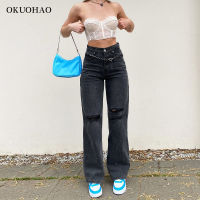 2021Black Ripped Straight Leg Jeans For Women Fashion Tassel Loose Y2k Streetwear Baggy Jean Pants Mom Casual Wash vintage Trousers