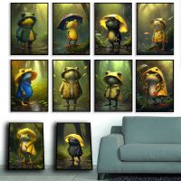 Be Happy Frog Rain โปสเตอร์สัตว์น่ารักกบเสื้อกันฝนร่มพิมพ์ภาพวาดผ้าใบ Home Kids Room Decor Wall Art รูปภาพ New