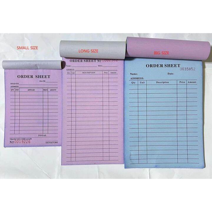 Order Sheet 3 size carbon paper receipt resibo duplicate and triplicate