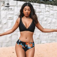 hotx 【cw】 CUPSHE V-neck Cut Out Mid Waist Sets Swimsuit Floral Pieces Beachwear 2023 Bathing Swimwear