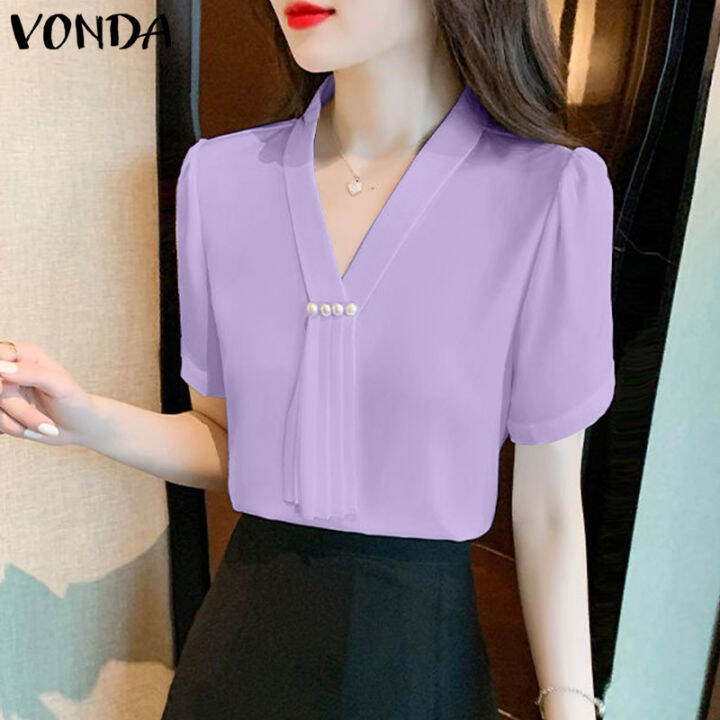 จัดส่งฟรี-fancystyle-vonda-เสื้อผู้หญิงเสื้อกันหนาวสวมหัวคอวีธุรกิจที่เป็นทางการโอแอลที่ทำงานแขนสั้นเสื้อเรียบ