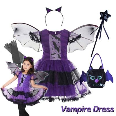 Baby Girls Vampire Witch Party Dress Candy Bag Headband Wing Clothing Sets Cosplay Kids Carnival Children Halloween Costume