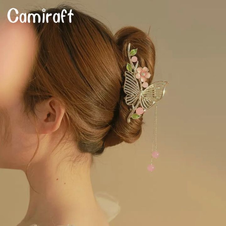 camiraft-กิ๊บติดผมคริสตัลประดับเพชรรูปผีเสื้อมีพู่โลหะรูปดอกไม้กิ๊ฟหนีบผมแฟชั่นน่ารักสไตล์จีนหรูหราสง่างามผมทรงแฟรี่หนีบผมทรงกรงเล็บสำหรับเครื่องประดับผมเด็กผู้หญิง